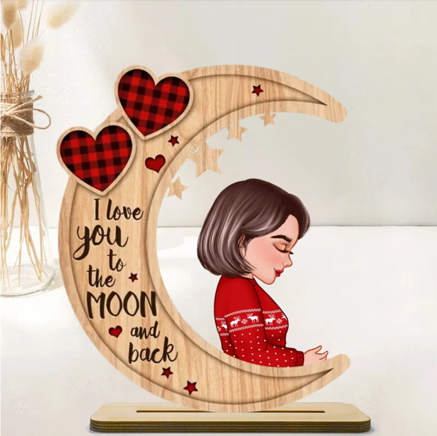 Grandma Mom Hugging GrandKid Kid On Heart Pattern Moon - Personalized Wooden Ornament - Gift For Granddaughter Grandson
