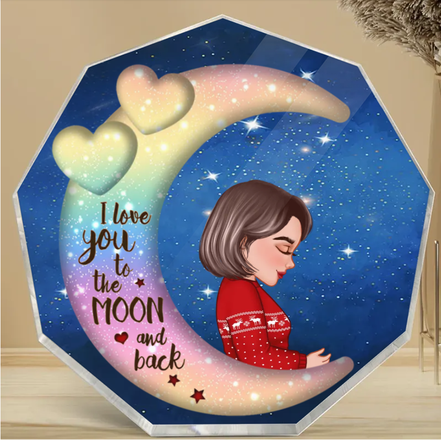 Grandma Mom Hugging GrandKid Kid On Heart Pattern Moon - Personalized Wooden Ornament - Gift For Granddaughter Grandson