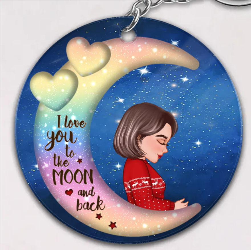 Grandma Mom Hugging GrandKid Kid On Heart Pattern Moon - Personalized Wooden Ornament - Gift For Granddaughter Grandson