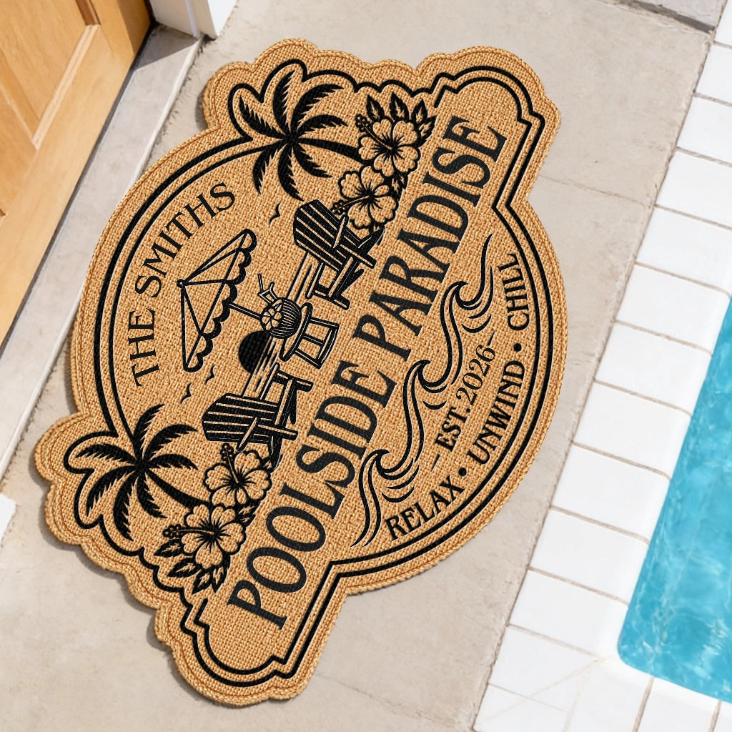 Personalized Shaped Doormat, Poolside Paradise Design, Unique Gift for Family Patio & Summer Vacation