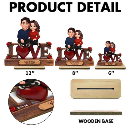 2-Layer Wooden Plaque with Cute Couple on LOVE Sign and Red Heart, Personalized Keepsake for Your Favorite Person
