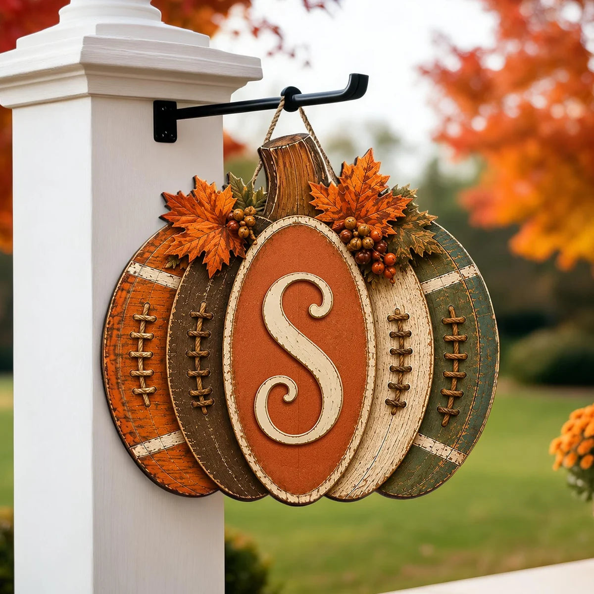 Personalized Wooden Sign, Autumn Pumpkin Door Accent, Creative Gift for Family and Football Fans