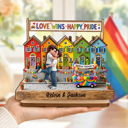 LGBT 2-Layer Wooden Plaque, Love Wins Rainbow Houses & Kissing Couple, Creative Gift for Partner