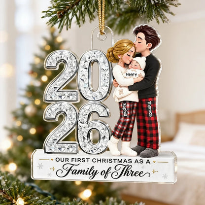 Personalized Acrylic Ornament, New Parents Embracing Baby at Christmas, Unique Family Gift