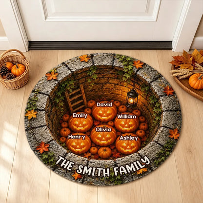 Personalized Shaped Doormat with Glowing Pumpkin Family, Gothic Halloween Decor, Unique Gift for Families