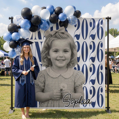 Personalized Graduation Backdrop Banner With Vintage Photo Look, Blue Class Celebration Decor, Unique Creative Gift