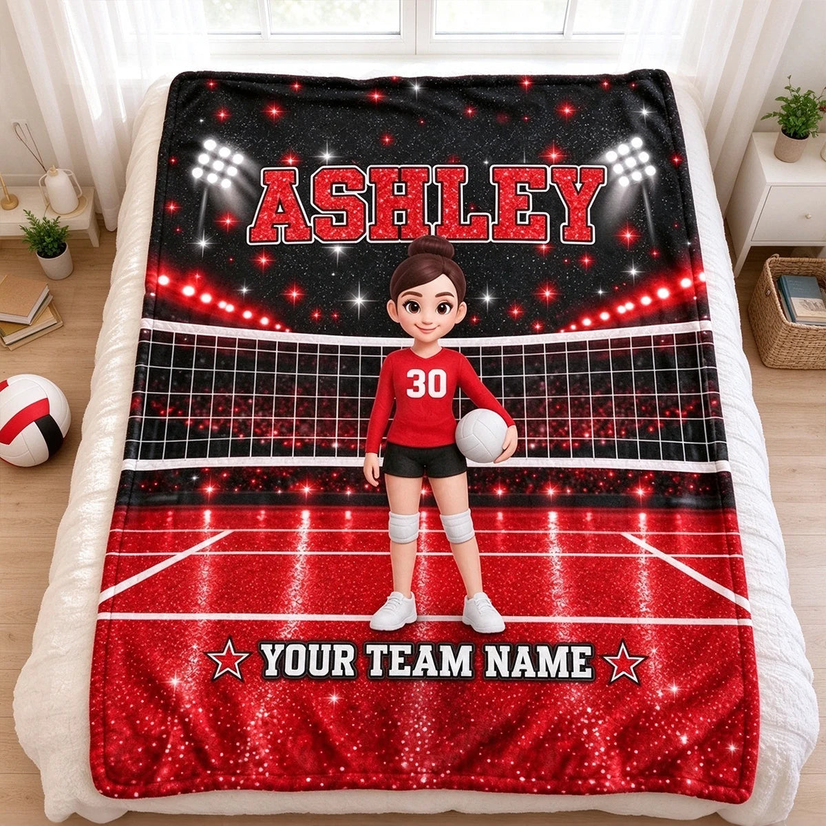 Personalized Fleece Blanket, Girl Volleyball Player on Red Court, Unique Gift for Daughter and Young Athlete