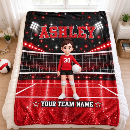 Personalized Fleece Blanket, Girl Volleyball Player on Red Court, Unique Gift for Daughter and Young Athlete