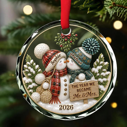Crystal Ornament, Red & Teal Kissing Snowmen in a Winter Scene, Creative Anniversary Gift for Couples