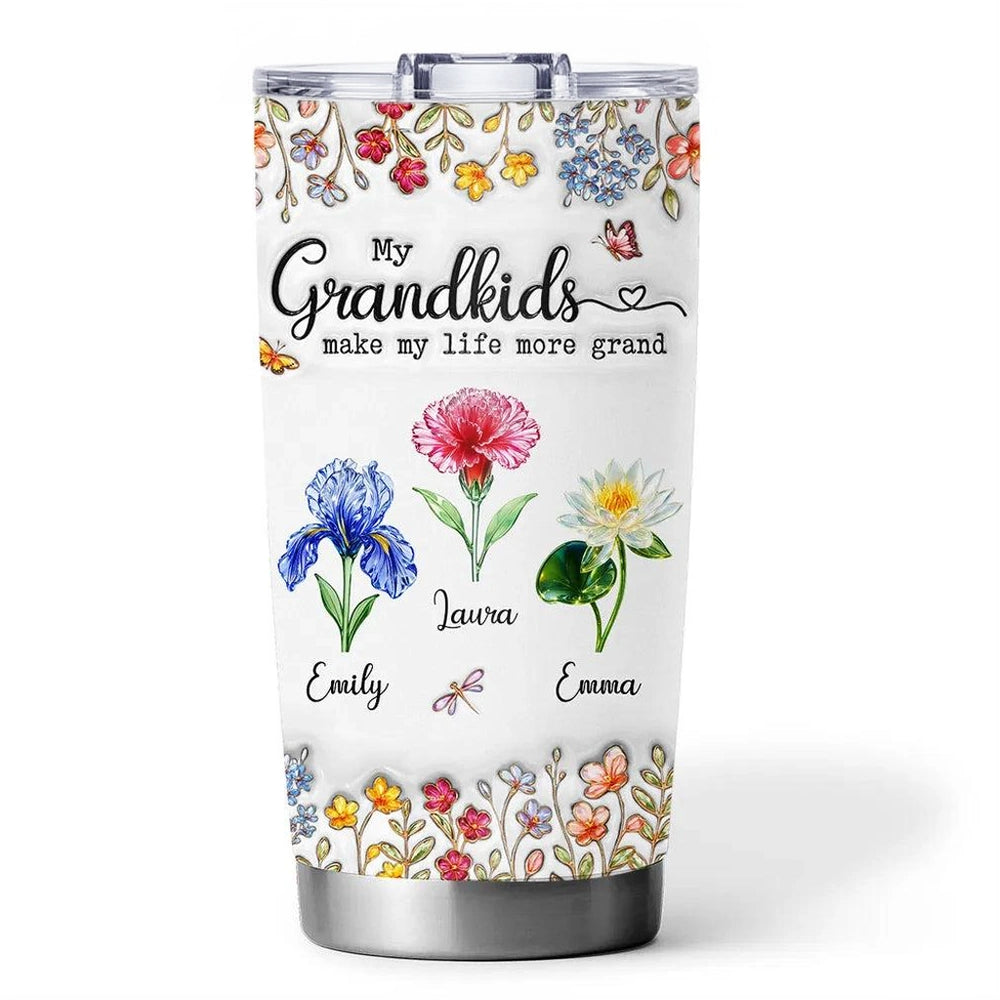 Personalized Insulated Travel Tumbler with Grandkids Floral Design, Sweet Grandma Gift for Coffee Runs and Hydration On the Go