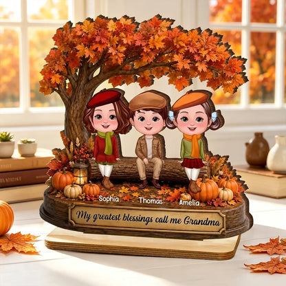 Personalized Wooden Plaque, Grandkids Sitting Under an Autumn Tree, Unique Gift for Grandma