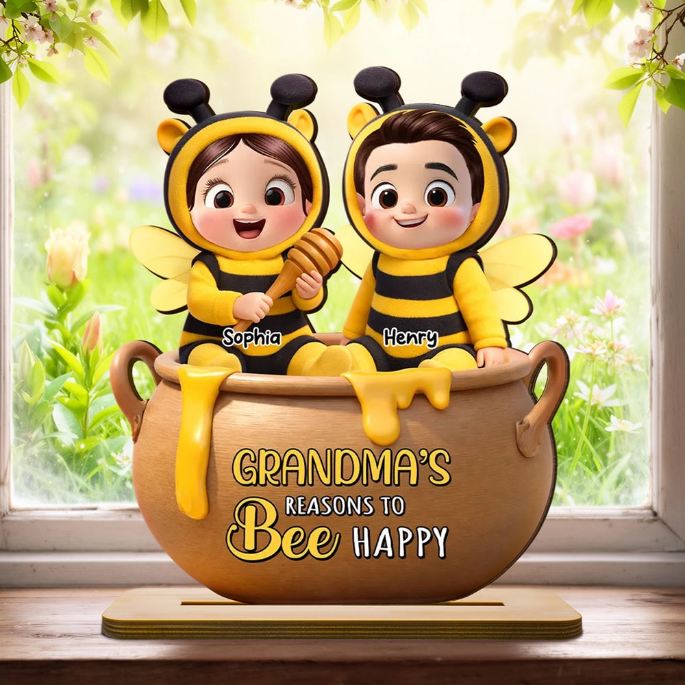 Personalized 2-Layer Wooden Plaque Grandma's Reasons to Bee Happy - Cute Cartoon Kids in Honey Pot, Unique Gift for Grandma