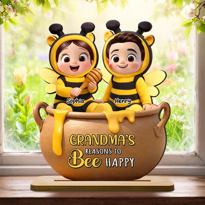 Personalized 2-Layer Wooden Plaque Grandma's Reasons to Bee Happy - Cute Cartoon Kids in Honey Pot, Unique Gift for Grandma