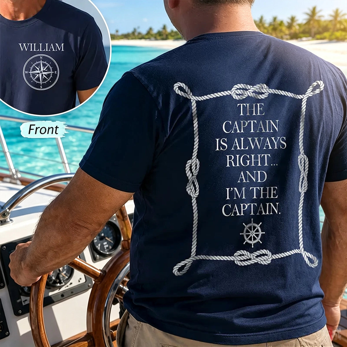 Dual Print Classic Tee with Captain Humor, Navy Rope & Compass Art, Creative Gift for Him on Boat Days