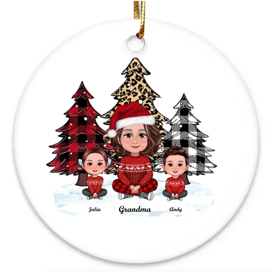 Leopard Checkered Pattern Christmas Tree Grandma And Grandkids Personalized Acrylic Ornament - A Unique and Personalized Gift