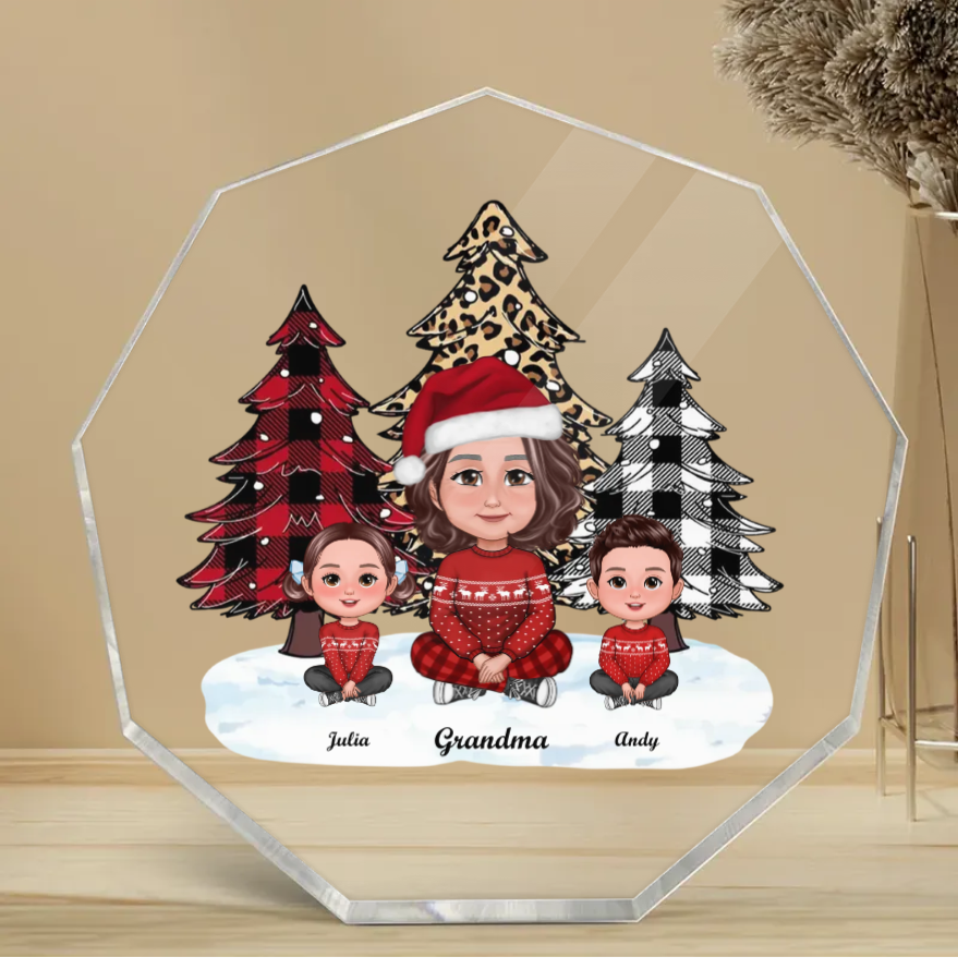Leopard Checkered Pattern Christmas Tree Grandma And Grandkids Personalized Acrylic Ornament - A Unique and Personalized Gift