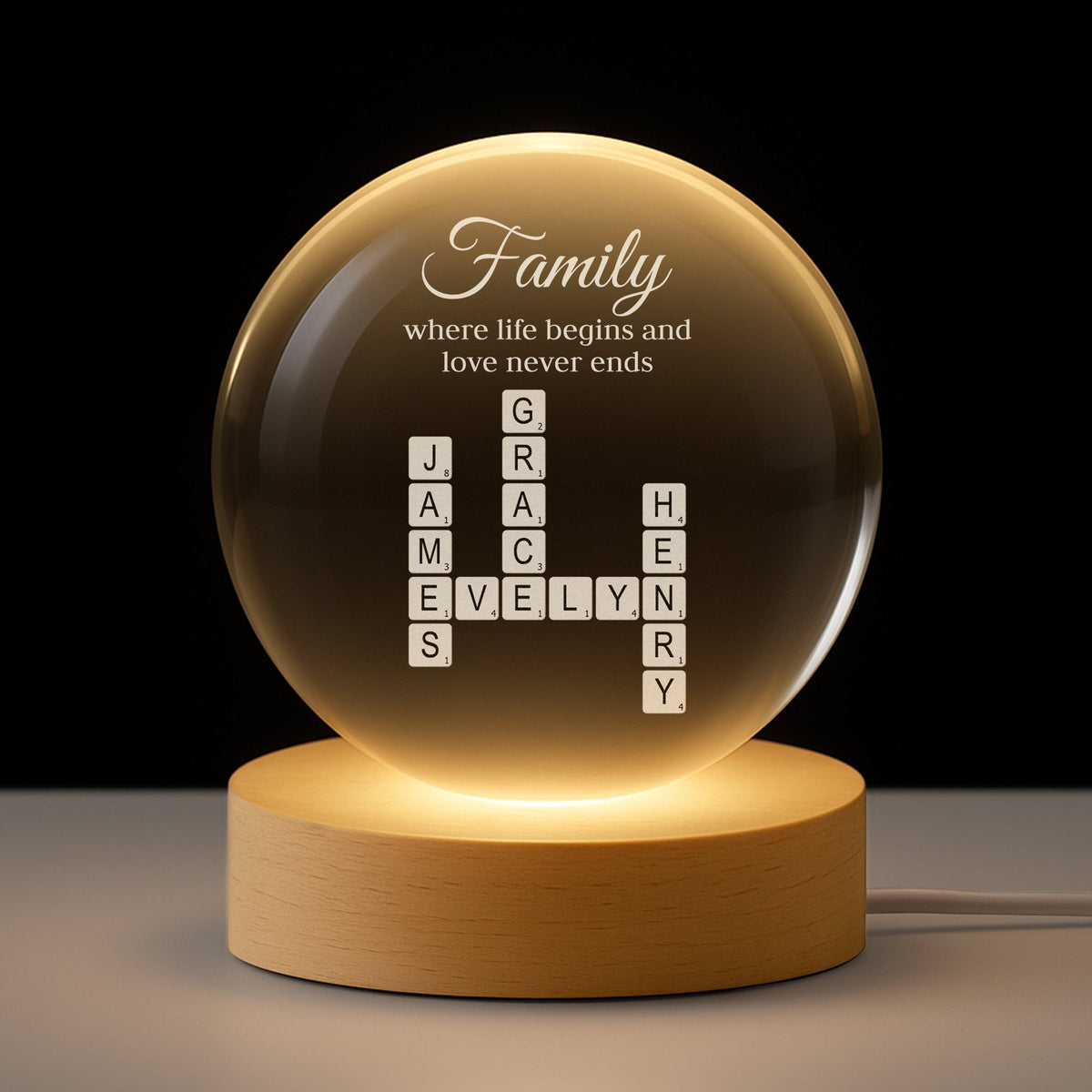 Personalized Globe Lamp with Crossword Name Art for Home Decor, Warm Family Quote, Unique Gift for Family