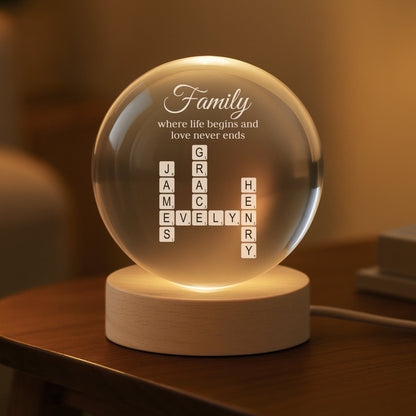 Personalized Globe Lamp with Crossword Name Art for Home Decor, Warm Family Quote, Unique Gift for Family