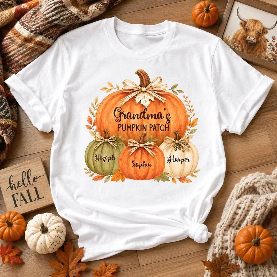 Personalized Classic Tee, Grandma's Watercolor Pumpkin Patch, Unique Fall Gift for Grandma