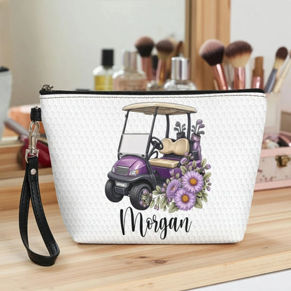 Personalized Women's Zipper Makeup Bag, Purple Floral Golf Cart, Unique Gift for Golf Lover