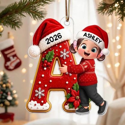 Acrylic Ornament with Joyful Girl Hugging a Letter, Personalized Christmas Keepsake, Creative Gift for Granddaughter