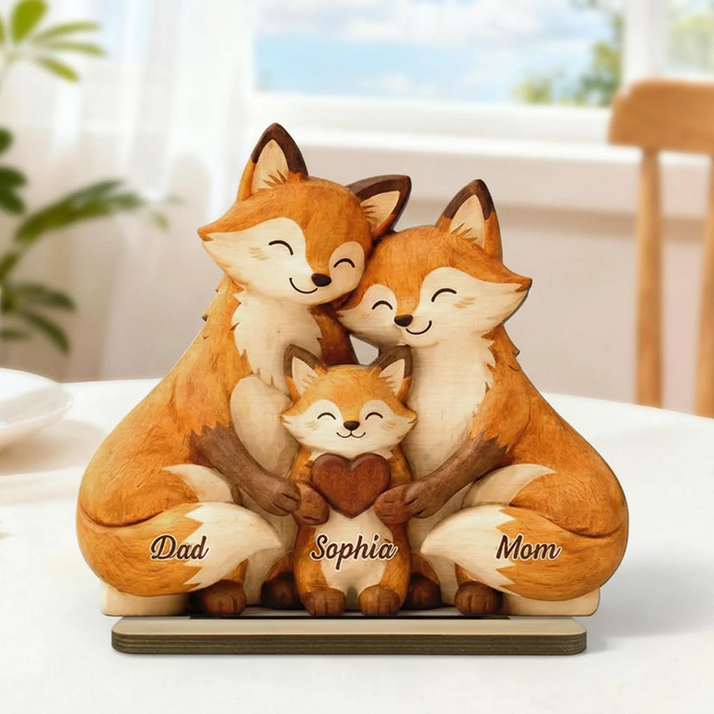 Heartwarming Woodland Fox Family Hug 2-Layer Wooden Plaque, Personalized Keepsake for Mom & Dad - Unique Gift