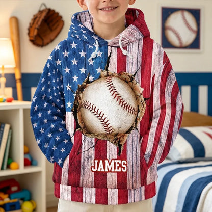 Personalized Youth Printed Flannel Hoodie, Vintage American Flag Baseball Design, Unique Gift for Young Players