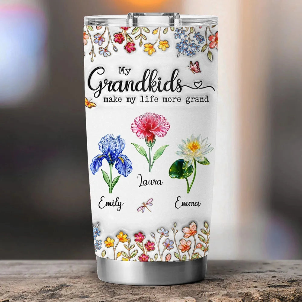 Personalized Insulated Travel Tumbler with Grandkids Floral Design, Sweet Grandma Gift for Coffee Runs and Hydration On the Go