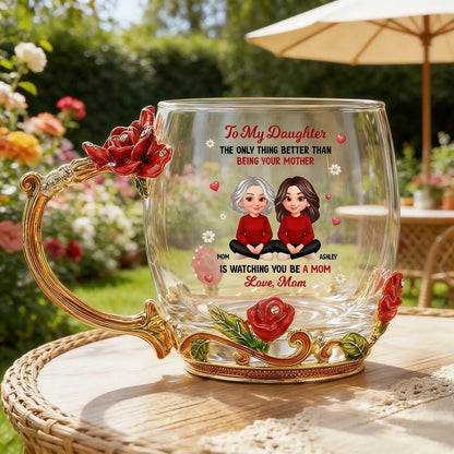 Personalized Enamel Flower Tea Cup with Mom and Daughter Illustration, Sweet Mother and Daughter Gift for Mother's Day