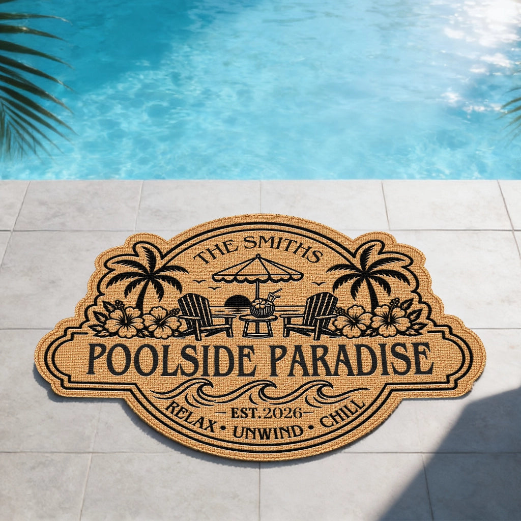 Personalized Shaped Doormat, Poolside Paradise Design, Unique Gift for Family Patio & Summer Vacation