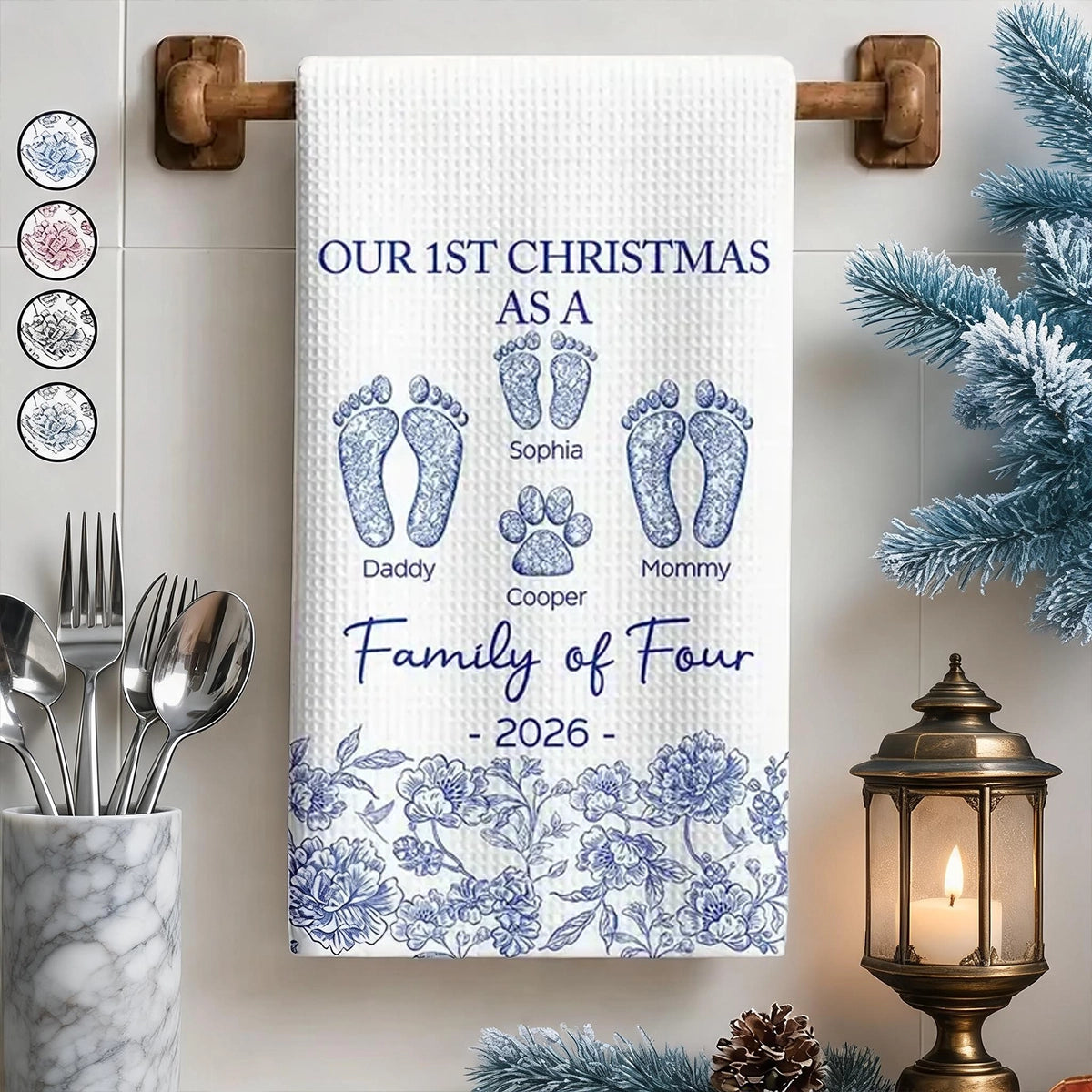 Personalized Kitchen Towel with Family and Paw Footprints, Blue Toile Christmas Decor, Unique Gift
