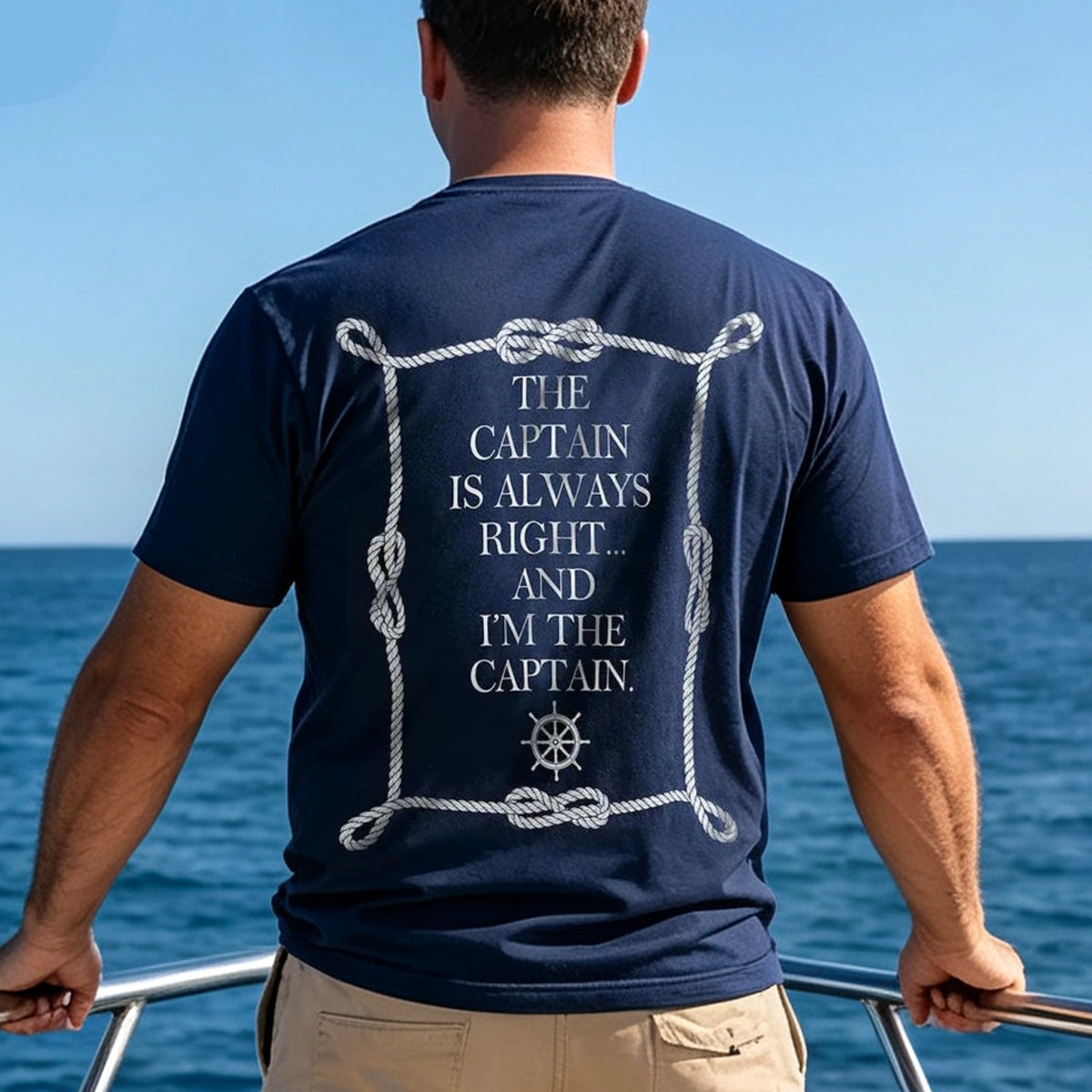 Dual Print Classic Tee with Captain Humor, Navy Rope & Compass Art, Creative Gift for Him on Boat Days
