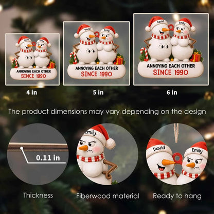 Personalized Wooden Ornament, Playful Snowman Couple in Santa Hats, Unique Christmas Gift for Couples
