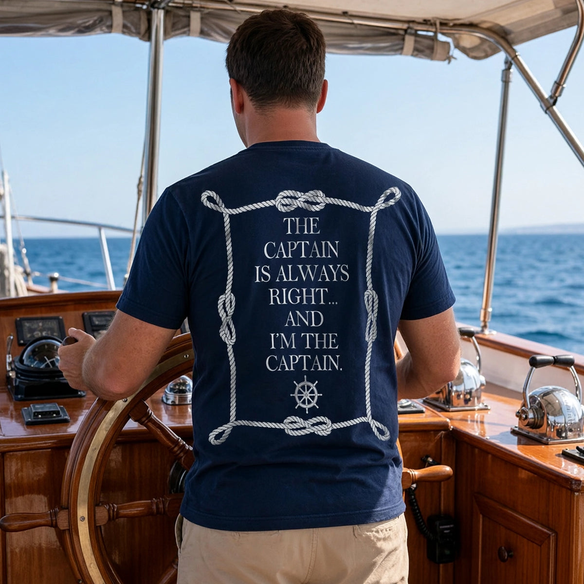 Dual Print Classic Tee with Captain Humor, Navy Rope & Compass Art, Creative Gift for Him on Boat Days