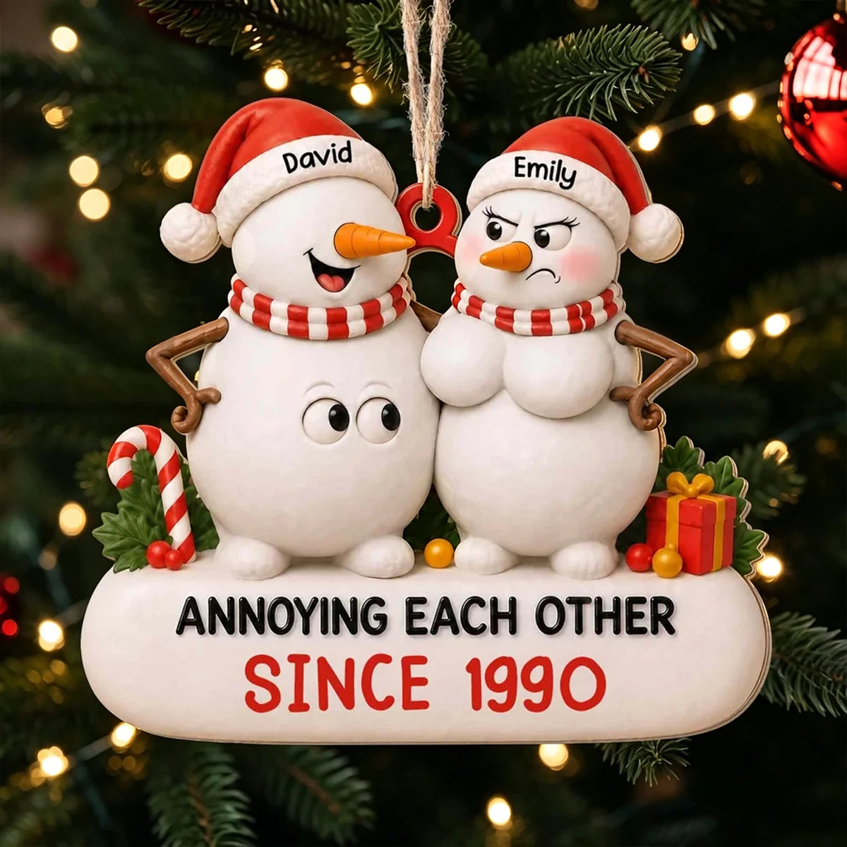 Personalized Wooden Ornament, Playful Snowman Couple in Santa Hats, Unique Christmas Gift for Couples