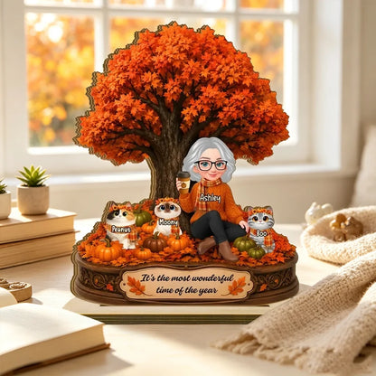 Personalized Wooden Plaque, Woman Sitting with Cats Under an Autumn Tree, Unique Gift for Cat Lovers