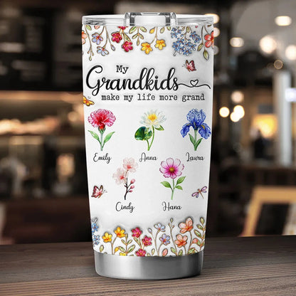Personalized Insulated Travel Tumbler with Grandkids Floral Design, Sweet Grandma Gift for Coffee Runs and Hydration On the Go