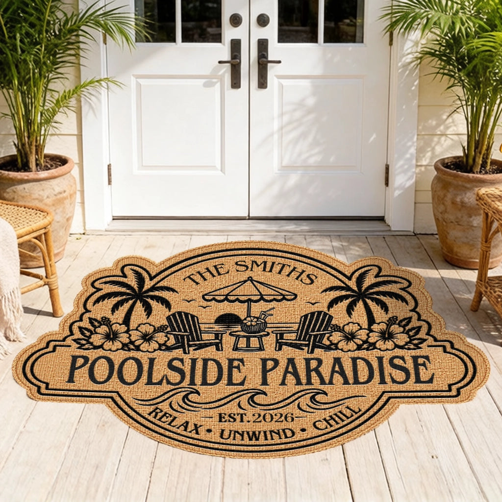 Personalized Shaped Doormat, Poolside Paradise Design, Unique Gift for Family Patio & Summer Vacation