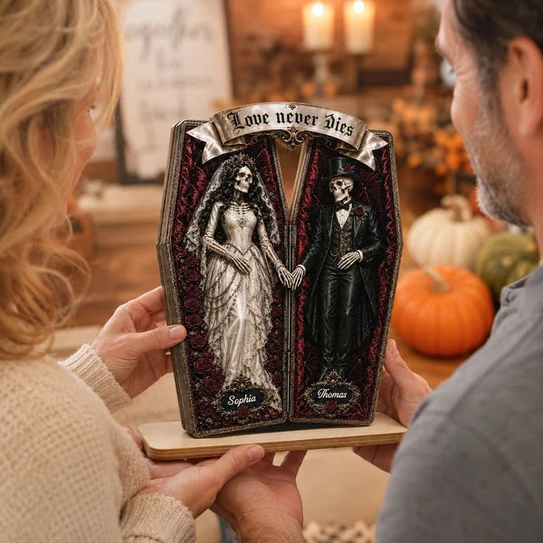 Personalized 2-Layer Wooden Plaque, Skeleton Couple Coffin Halloween Decor, Unique Gift for Couples
