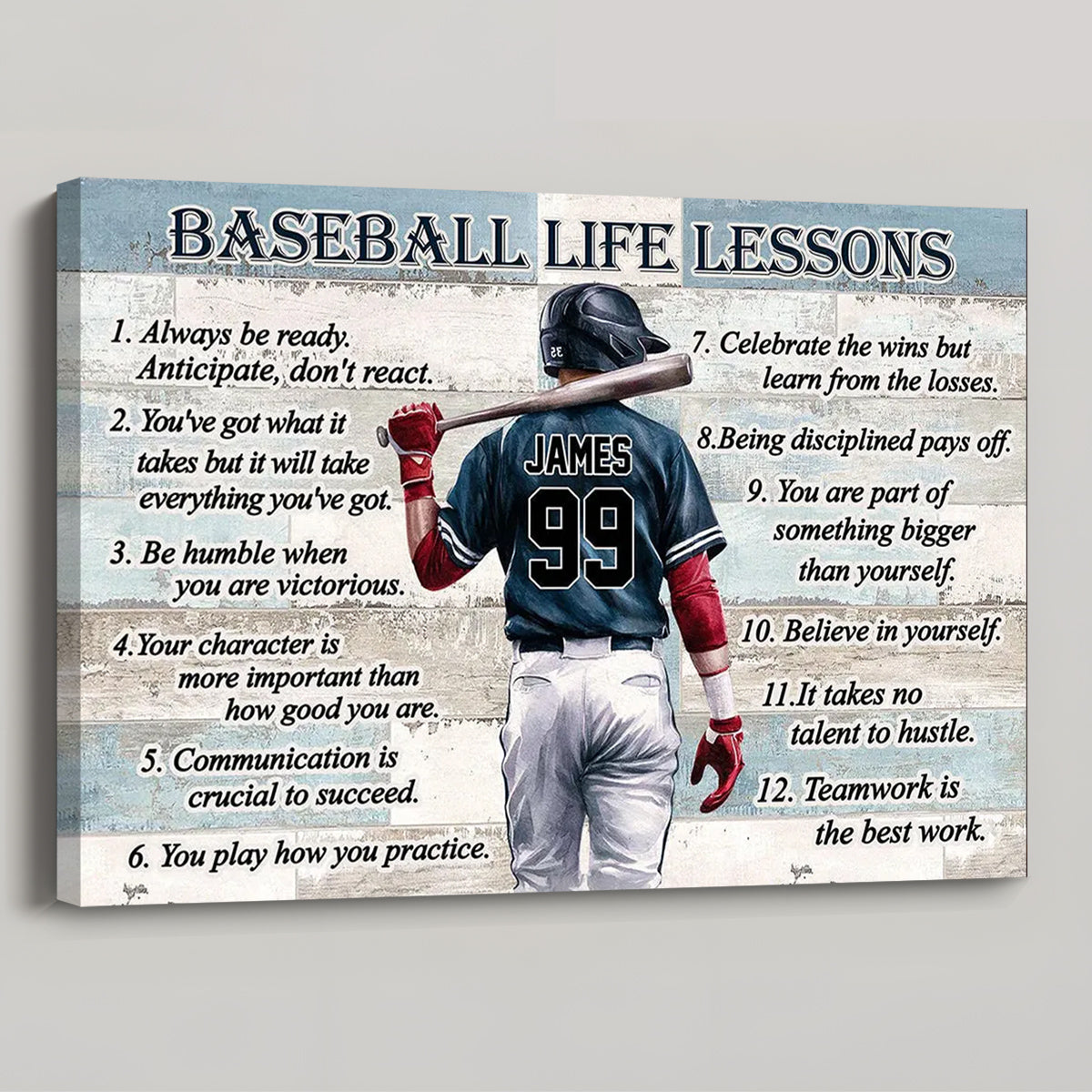 Personalized Baseball Life Lessons Canvas, Back-View Player Holding Bat, Unique Gift For Sports Fan