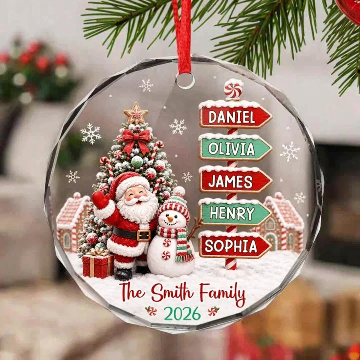 Personalized Crystal Ornament with Santa Waving Beside a Snowman, Snowy Christmas Scene, Unique Family Gift