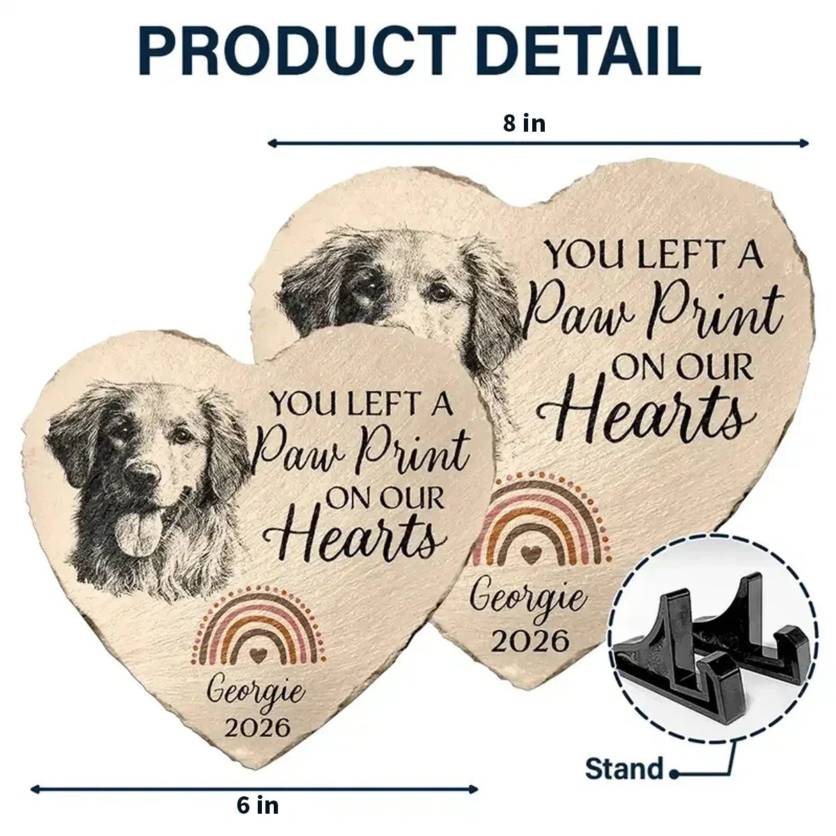 Personalized Pet Memorial Heart Stone, Custom Dog or Cat Pencil Sketch, Rainbow Bridge Garden Plaque