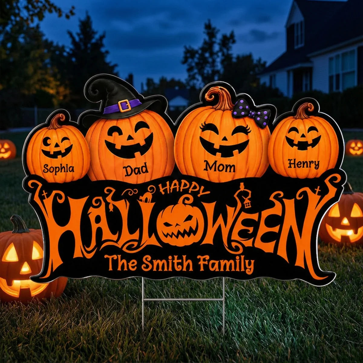 Personalized Shaped Yard Sign with Smiling Jack-O-Lantern Family, Front Yard Halloween Decor, Unique Family Gift
