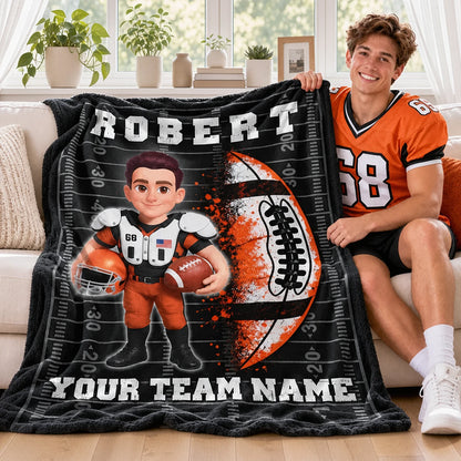 Personalized Fleece Blanket, Cartoon Football Player Holding a Ball, Unique Gift for Son or Grandson