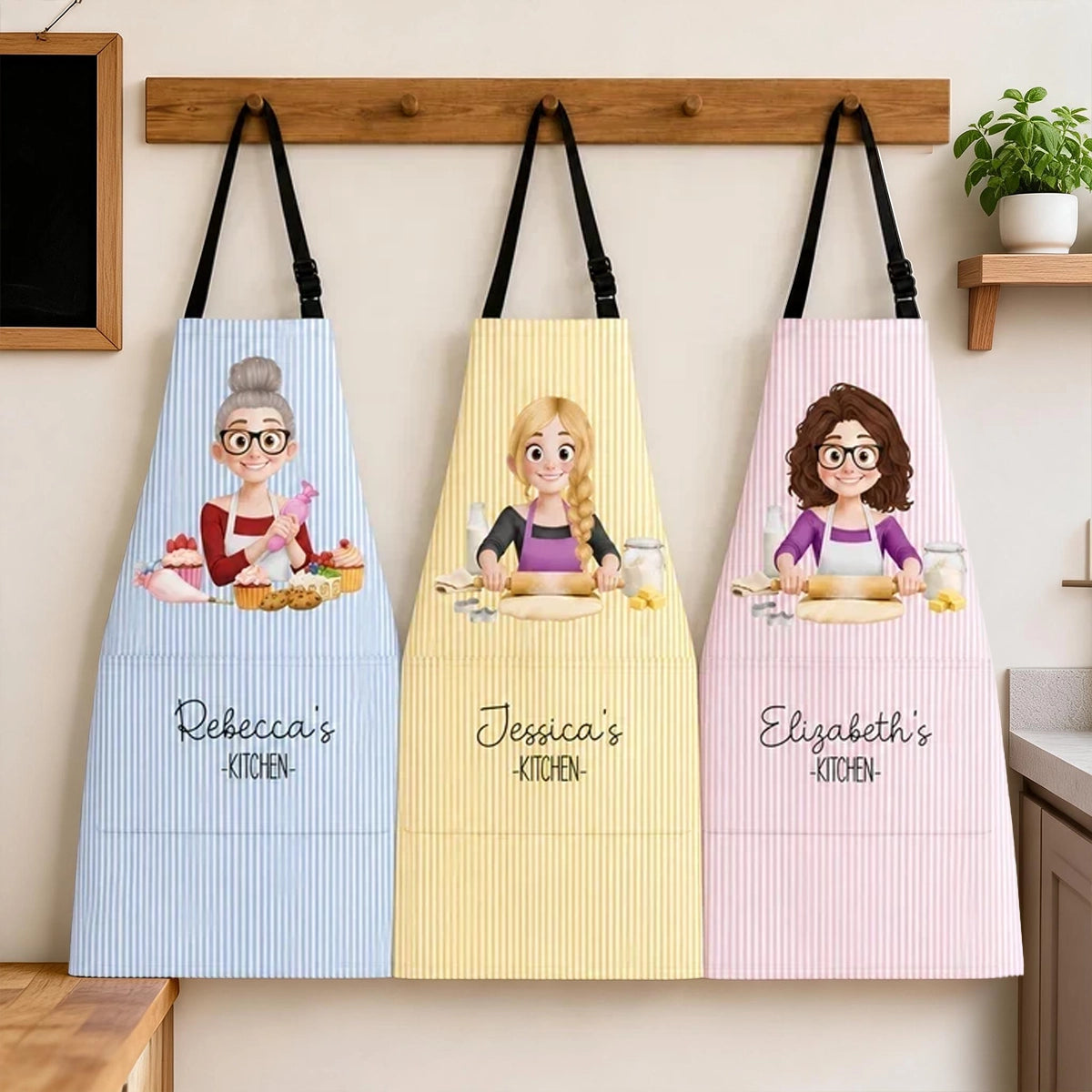 Personalized 4-Pocket Apron with Cartoon Woman Baking in a Pastel Kitchen, Unique Gift for Home Cooks