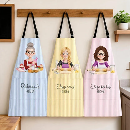 Personalized 4-Pocket Apron with Cartoon Woman Baking in a Pastel Kitchen, Unique Gift for Home Cooks