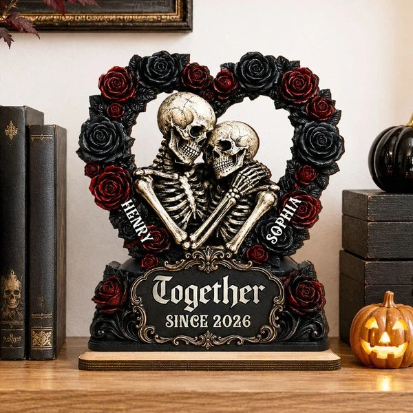 Personalized 2-Layer Wooden Plaque, Gothic Skeleton Couple With Roses, Unique Halloween Gift For Couple