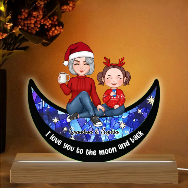 Grandma Grandkid On Moon Personalized LED Night Plaque, Ornament, Christmas Gift For Granddaughter Grandson