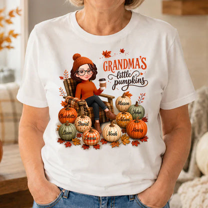 Personalized Classic Tee, Seated Grandma Holding Coffee with Pumpkins, Unique Gift for Grandma