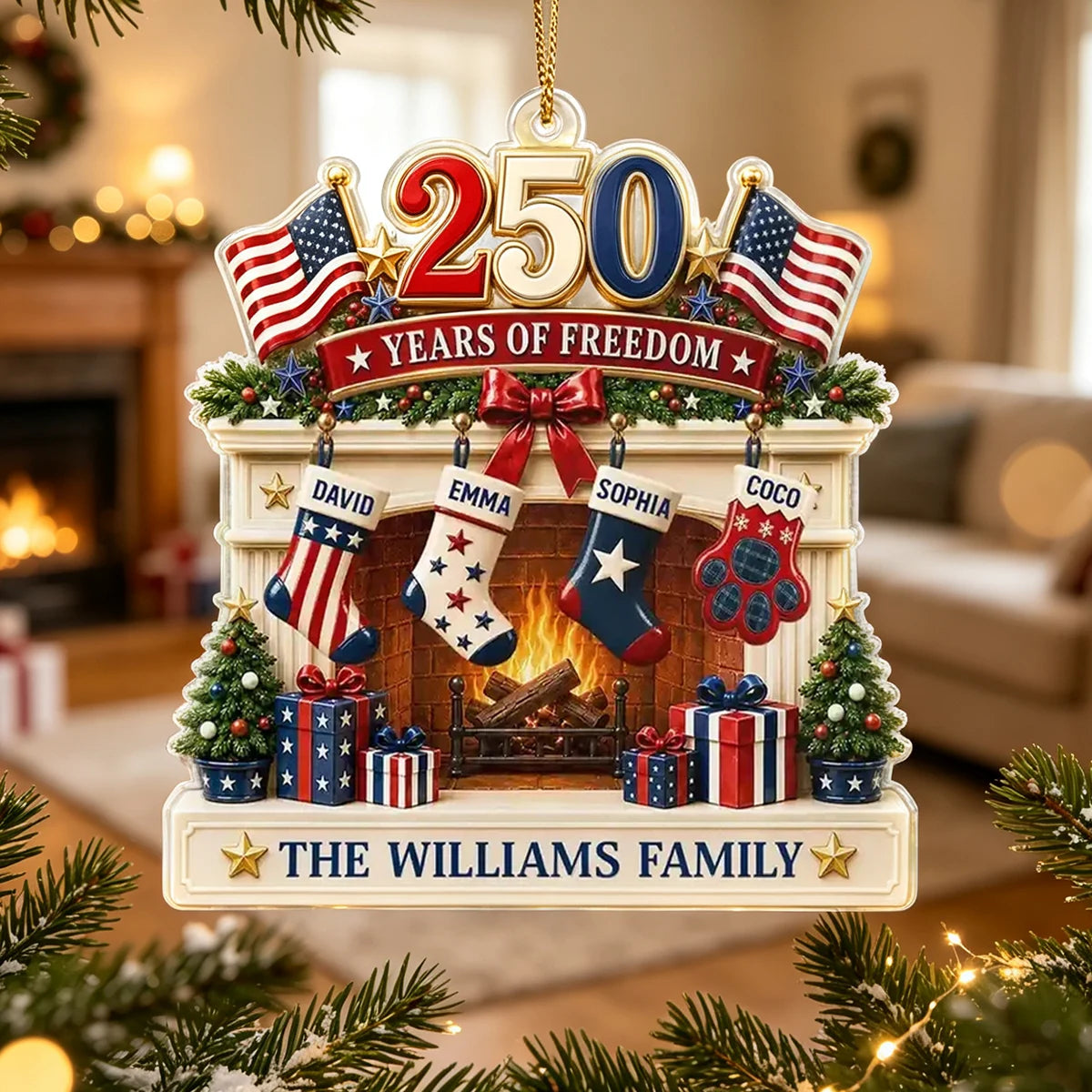 Personalized America 250th Anniversary Acrylic Ornament, U.S. Flag Family Christmas Keepsake with Custom Stockings